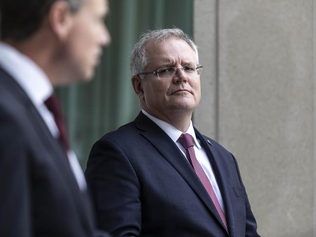 Prime Minister Scott Morrison with Health Minister Greg Hunt. Picture: Gary Ramage