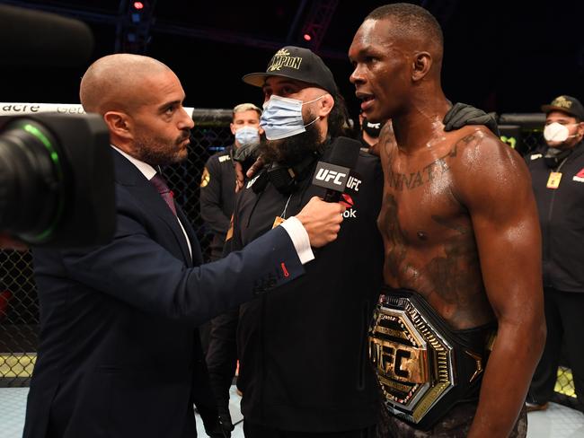 Bareman (C), guided Israel Adesanya to middleweight glory. Picture: Josh Hedges/Zuffa LLC