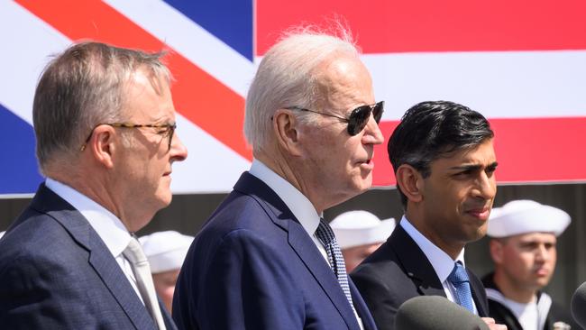 Prime Minister Anthony Albanese (L), US President Joe Biden (C) and British Prime Minister Rishi Sunak (R) announcing the AUKUS nuclear submarine agreement in March. Picture: Leon Neal/Getty Images