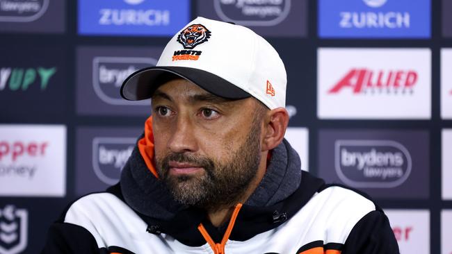 SYDNEY, AUSTRALIA - JUNE 30: Tigers coach Benji Marshall speaks to the media following the round 17 NRL match between Sydney Roosters and Wests Tigers at Allianz Stadium, on June 30, 2024, in Sydney, Australia. (Photo by Brendon Thorne/Getty Images)