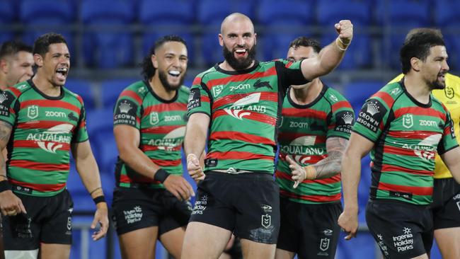 South Sydney prop Mark Nicholls celebrates a rare try. NRL Imagery