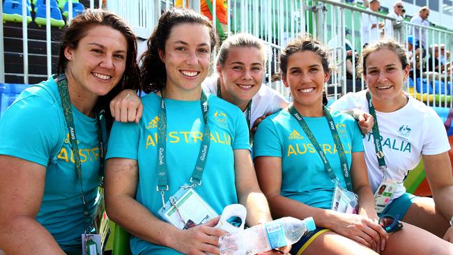 Australian women's sevens gold medallists Sharni Williams, Emilee Cherry, Nicole Beck, Charlotte Caslick and Shannon Parry at the Rio Olympics.