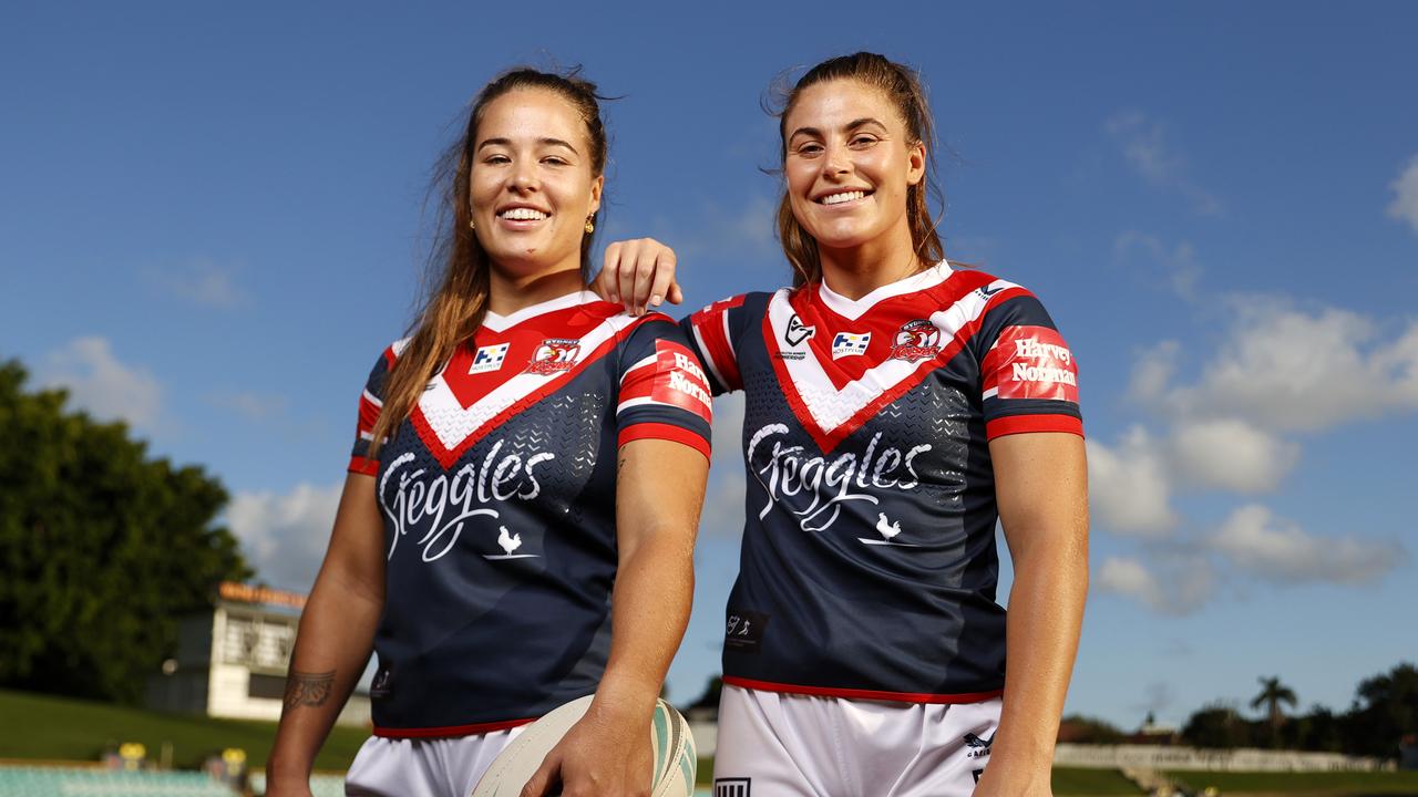 Isabelle Kelly and Jessica Sergis have re-signed with the Roosters, as has premiership teammate Sarah Togatuki. Picture: Jonathan Ng