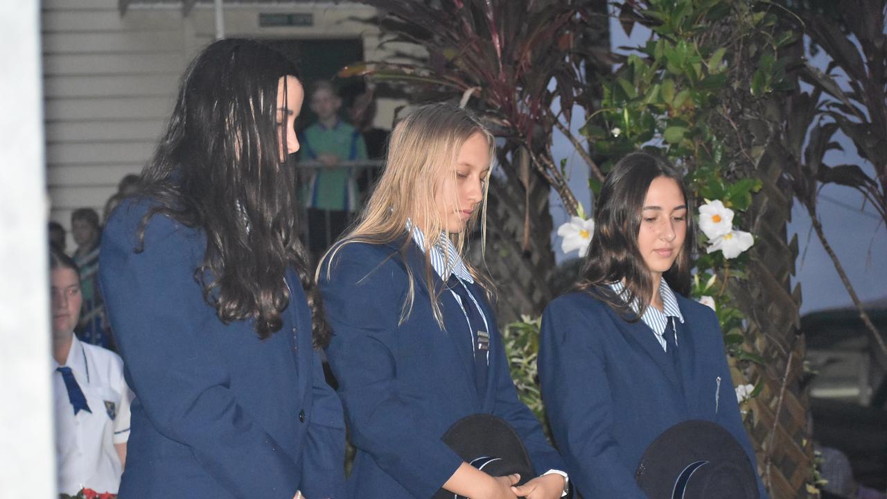 Students honouring the ANZACS at the Kuttabul dawn service at the Hampden State School Remembrance Garden 2021. Picture: Lillian Watkins