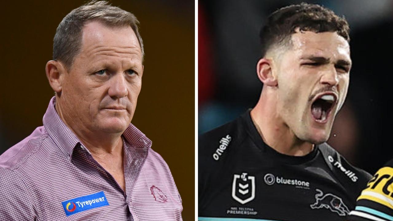 Broncos coach Kevin Walters and Panthers halfback Nathan Cleary. Getty