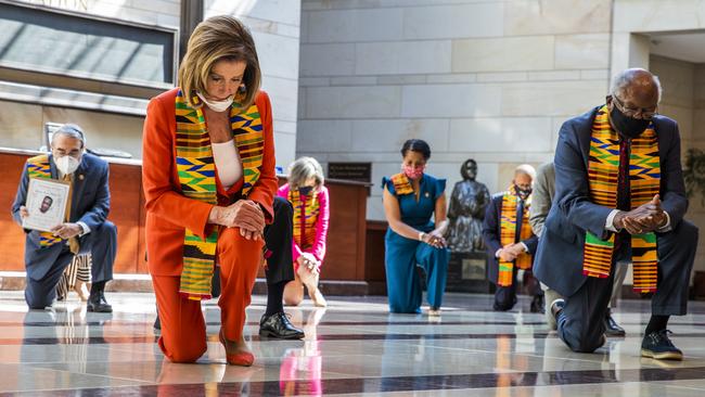 House Speaker Nancy Pelosi and other members of Congress observe a moment of silence for black Americans at killed by police. Picture: AP Photo/Manuel Balce Ceneta