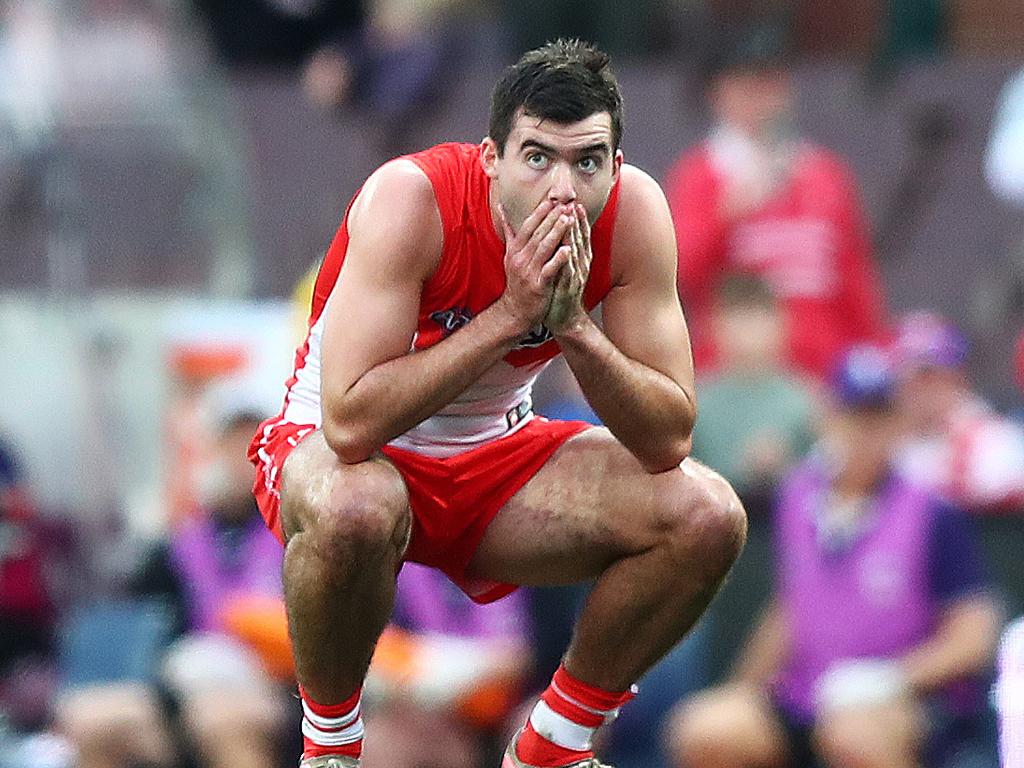 The 22-year-old has the toughest fortnight of his career after missing opportunities to win the match for the Swans two weeks in a row. Picture: Brett Costello