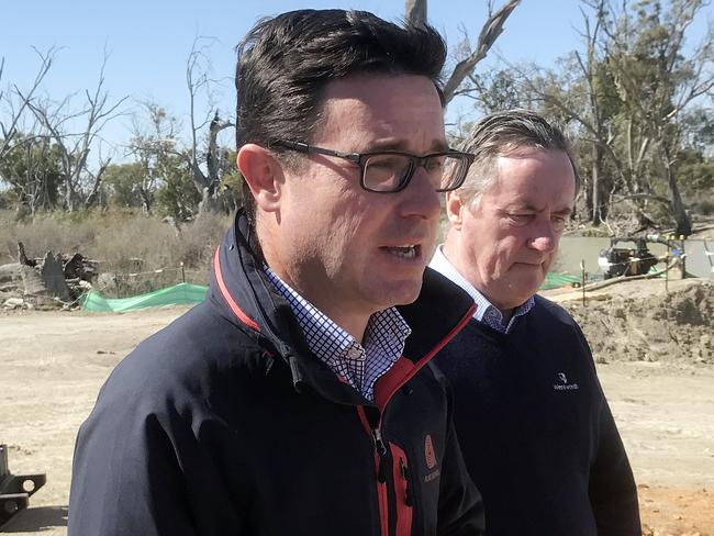 Water Minister David Littleproud (left) and interim Murray-Darling Basin inspector-general Mick Keelty during a tour of the southern basin in Renmark, South Australia. Picture: AAP/Matt Coughlan