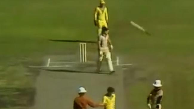 New Zealand’s Brian McKechnie tosses the bat in disgust after Trevor Chappell’s underarm delivery. Picture: YouTube