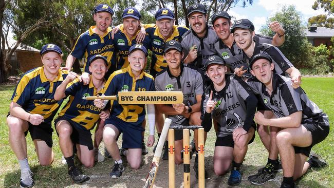 Vermont BYC was formed by a group of 12 friends from the Camberwell area who have been playing backyard cricket together for over eight years now. The Badgers (yellow) Dan Ryan, Matt Sevior, Ned Coghlan, Lewis Neate, James White and Ben Gibson. The Pioneers (grey), Ben Riddle, Sean Bell, Kodey Logan, Sam Weideman, Tom Rennie and Dan Batten. Picture: Ian Currie