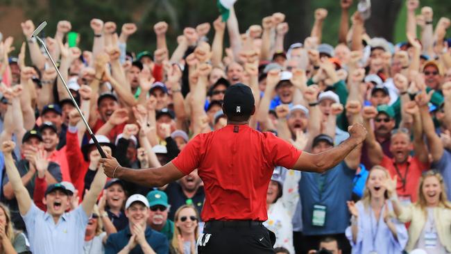 Absolute jubilation from Tiger Woods and the crowd as he wins the Masters. Picture: Getty