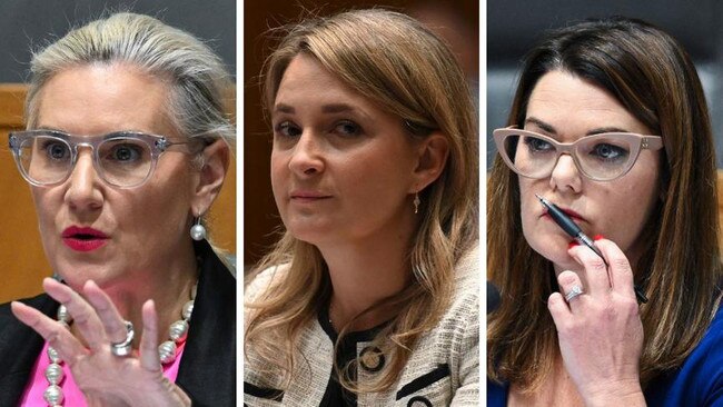 Senator Hollie Hughes, former Optus chief executive Kelly Bayer Rosmarin and Senator Sarah Hanson-Young. Picture: NCA Newswire/Martin Ollman