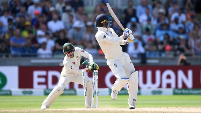 A charging Jason Roy is bowled by Nathan Lyon. Picture: Getty Images