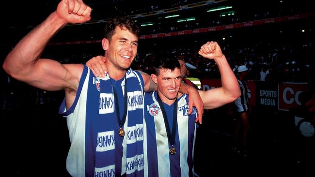 Wayne Carey and Anthony Stevens in better times at North Melbourne, 1996.