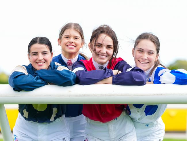 Racing Victoria apprentice jockeys Dakotah Keane, Jaylah Kennedy, Jordyn Weatherley and Emily Pozman at Caulfield Heath Racecourse. Picture: Scott Barbour/Racing Photos