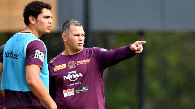 Xavier Coates talks to Broncos coach Anthony Seibold. Picture: AAP