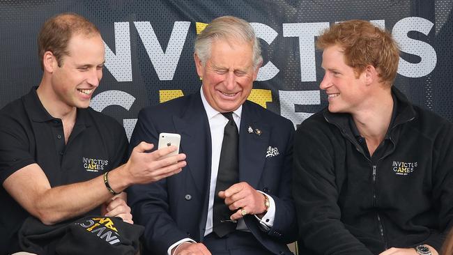 Back when everyone got along, or at least pretended to: Prince William, King Charles and Prince Harry at the Invictus Games on September 11, 2014 in London, England. Picture: Chris Jackson/Getty Images