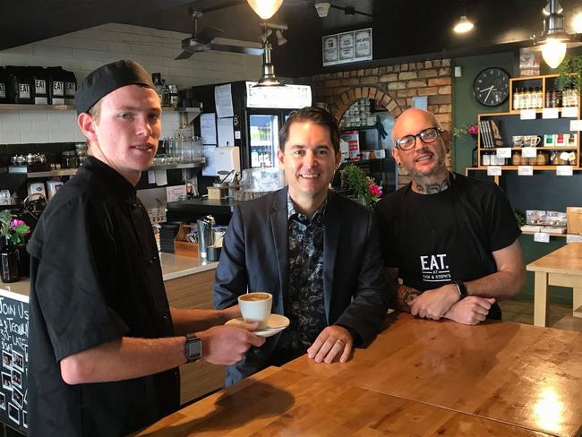 Jeremiah Thomas Hay (left) with Fraser Coast Mayor George Seymour and My Kitchen Rules winner Dan Mulheron.