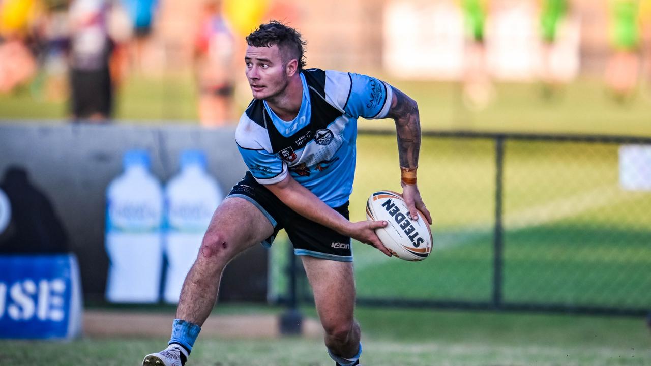 Jayden Sneddon of Northern Sharks shoots off a pass in the 2023 NRL NT competition. Picture: Patch Clapp / NRL NT