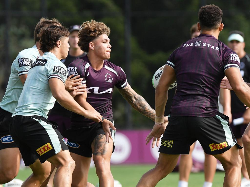 Reece Walsh digs into the line at training. Picture: Patrick Woods.