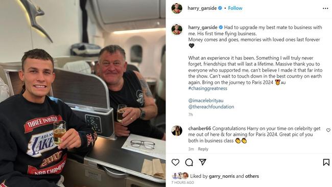 Garside’s social media post sharing his enjoyment of a upgrade to business class on his flight home to Australia.