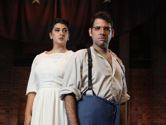 10/05/2024. Jewish actor Aaron Robuck with fellow actor Montana Sharp, photographed together on stage at The Seymour Centre in Chippendale, Sydney ahead of the opening musical production Parade. Aaron and Montana play lead roles of Leo Frank and his wife Lucille Selig. The musical is based on the 1913 rape and murder of 13-year-old Mary Phagan and the subsequent arrest, trial, sentencing, and lynching of Jewish factory superintendent Leo Frank. Given the rise in antisemitism today, the musical hopes to shine a light on the dangers of prejudice. Britta Campion / The Australian