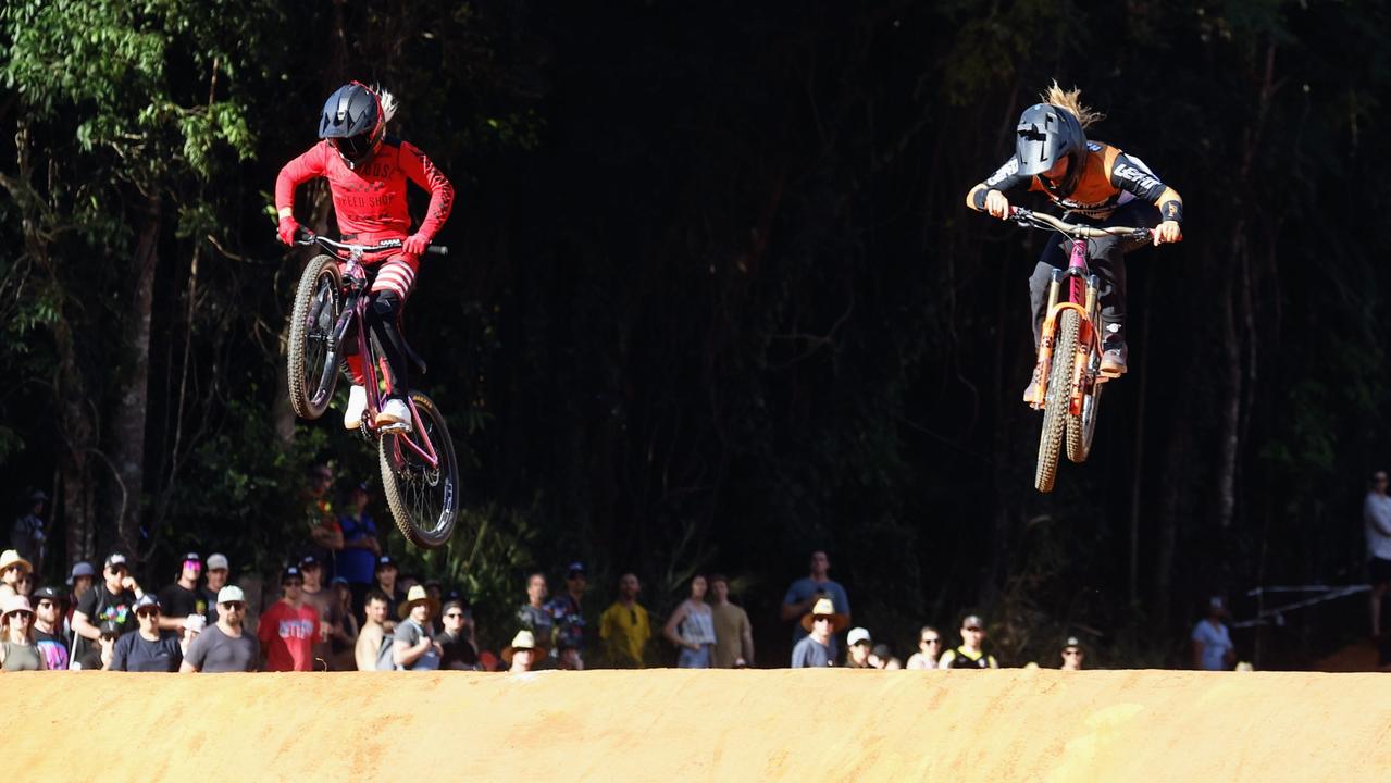 Caroline Buchanan and Jenna Hastings compete in the Speed &amp; Style competition on Day Two of the Crankworx Cairns mountain bike festival, held at the Smithfield Mountain Bike Park. Picture: Brendan Radke