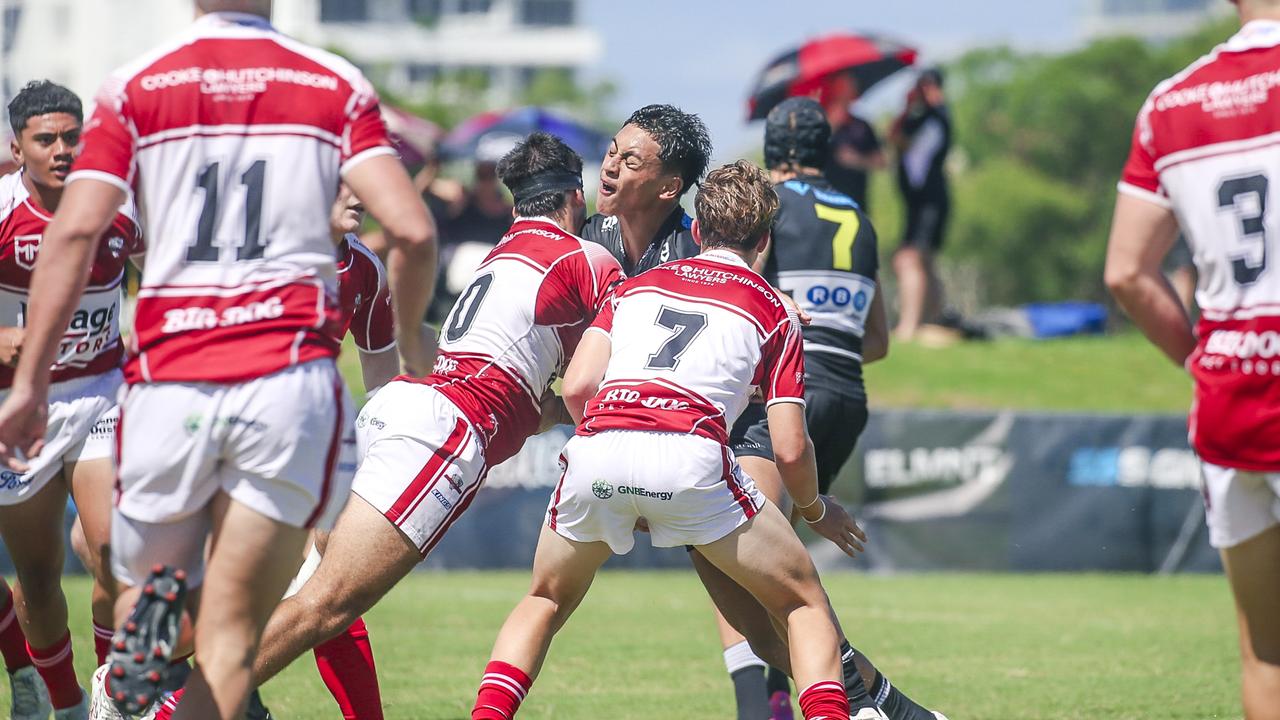 Torino Jackson is tackled by Carter Ford. Picture: Glenn Campbell