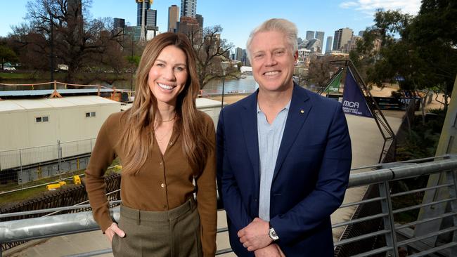 Candidate for Lord Mayor of Melbourne Arron Wood AM and Deputy Lord Mayoral candidate Erin Deering in Birrarung Marr to announce a new gardens policy. Picture: Andrew Henshaw