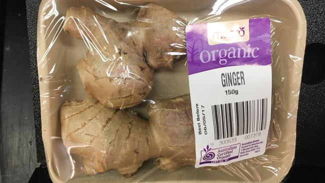 This Coles organic ginger was in a cardboard tray with a plastic film making it easy to identify at the checkout.