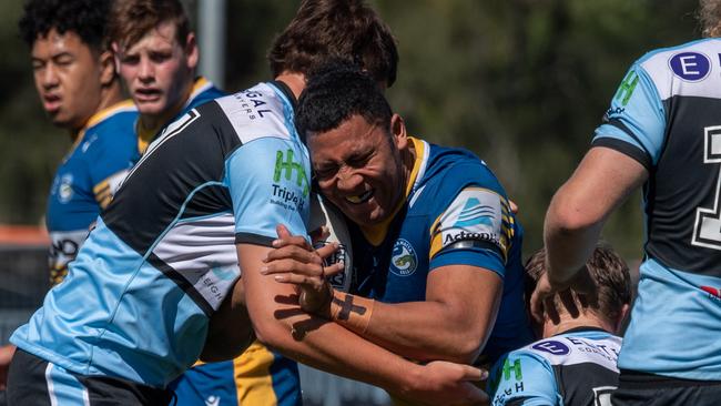 Eel Josh Lealaiauloto takes on the Sharks. Picture: Monique Harmer