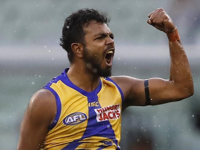 MELBOURNE, AUSTRALIA - AUGUST 18: Willie Rioli of the Eagles celebrates a goal during the 2019 AFL round 22 match between the Richmond Tigers and the West Coast Eagles at the Melbourne Cricket Ground on August 18, 2019 in Melbourne, Australia. (Photo by Dylan Burns/AFL Photos)