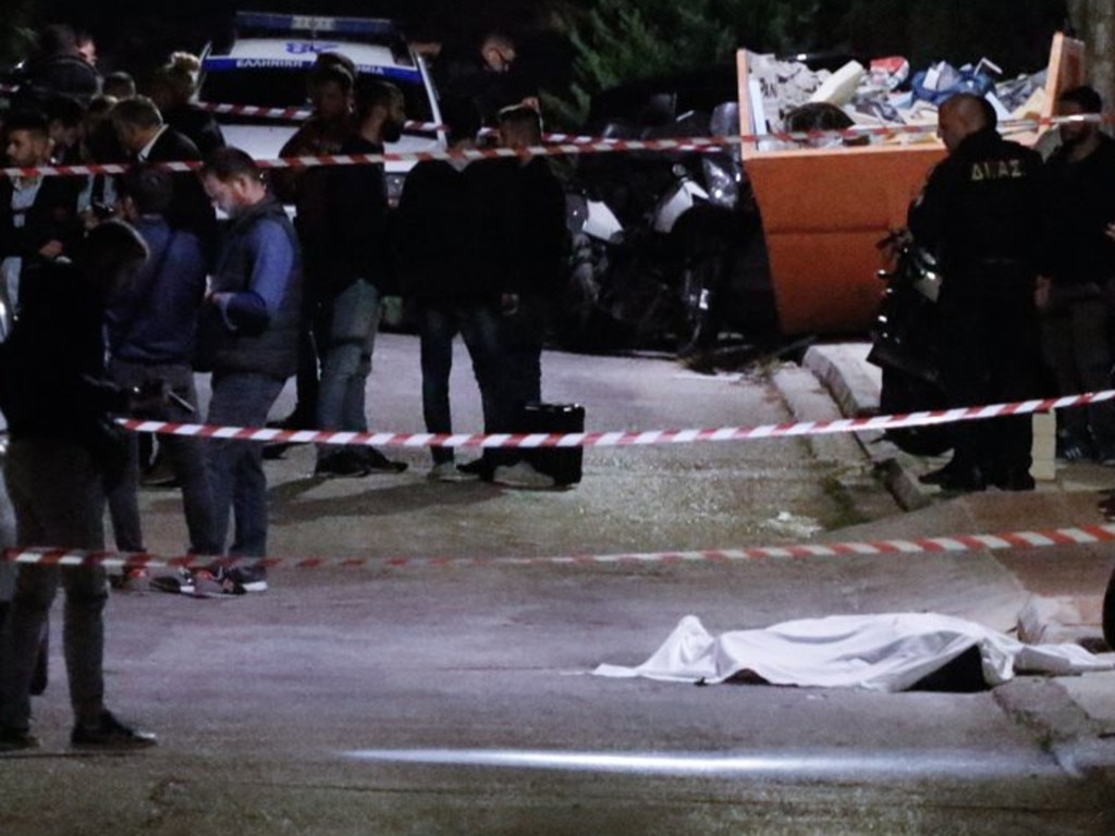 The crime scene where former Sydney gangster John Macris was gunned down in the chest in a seaside suburb of Athens. He had just alunched a new security business. Picture: Proto Thema