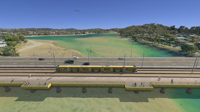 Artist impression of Gold Coast Light Rail Stage 4 between Burleigh Heads and Tugun. Much of the new wave of development is around the tram’s future route.