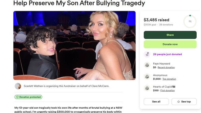 Clare McCann is urgently trying to raise $300,000 to preserve her son's body. Picture: gofundme
