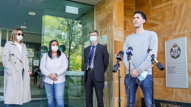 The victims of a brutal picnic attack in a Blackburn North park during a police press conference after the incident. Picture: Tim Carrafa