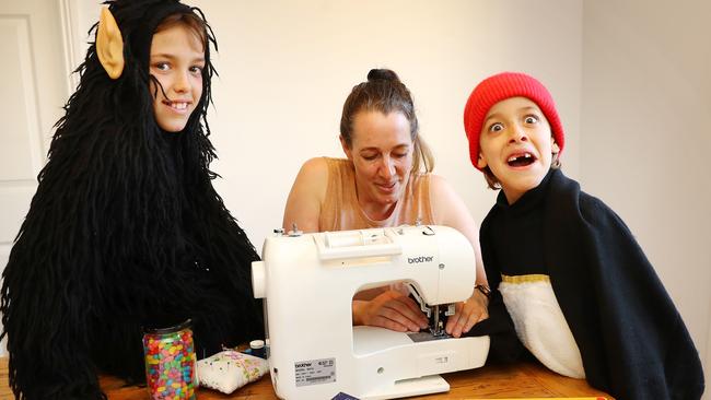 Geelong Lutheran College mother, Keziah Halliwell, has been burning the midnight oil making Book Week costumes from her sons James, left, and Henry. Picture: Alison Wynd