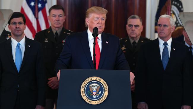 US President Donald Trump speaks about the situation with Iran in the Grand Foyer of the White House in Washington, DC, January 8, 2020. (Photo by SAUL LOEB / AFP)