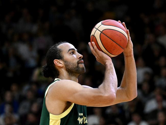 SUNSHINE COAST, AUSTRALIA - MAY 09: Xavier Cooks of the Boomers shoots during the Trans-Tasman Throwdown match between the Australia Boomers and the New Zealand Tall Blacks at UniSC Arena on May 09, 2025 in Sunshine Coast, Australia. (Photo by Bradley Kanaris/Getty Images)