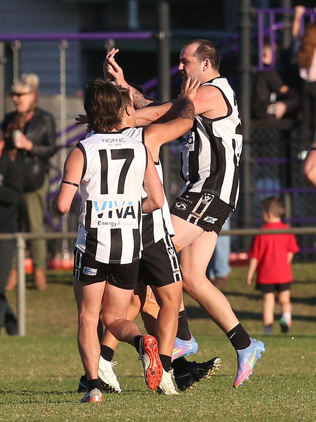 North Geelong's Blake Miller celebrates one of his three goals against Bannockburn. Picture: Alan Barber