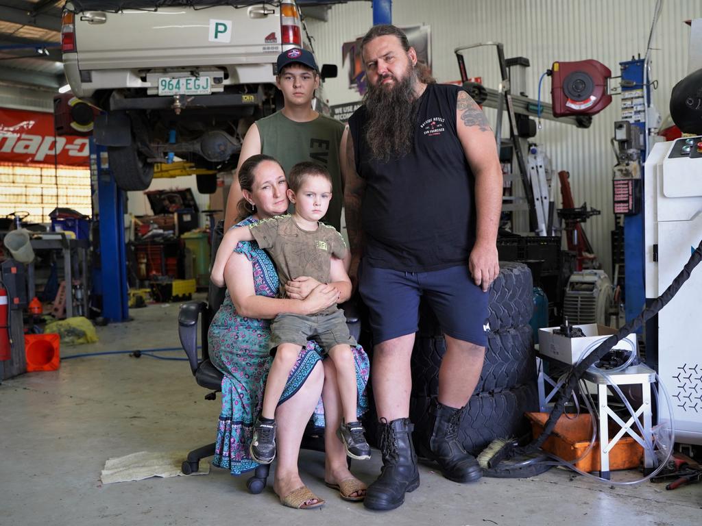 The Sellers family has been thrown into turmoil by the housing and accommodation crisis smashing Mackay. Pictured are mum and dad Melanie and Mark with two of their 10 children, Zacharia, 6, and Elijah, 15. Picture: Heidi Petith