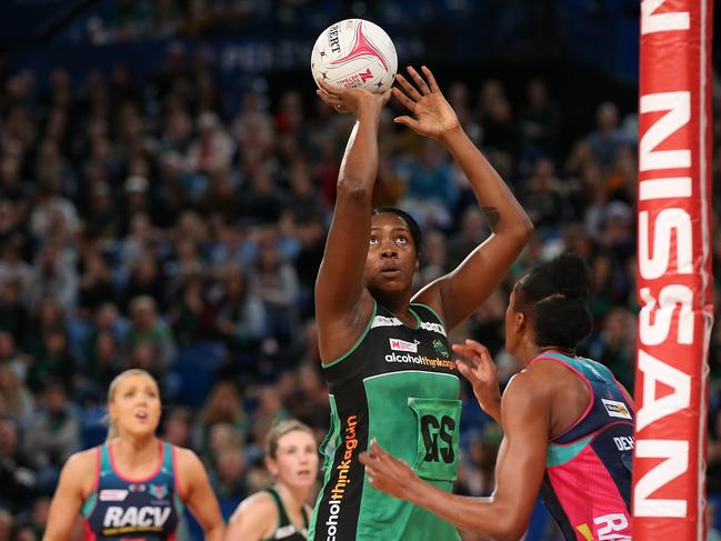 PERTH, AUSTRALIA - JULY 28: Jhaniele Fowler of the Fever puts a shot up during the round 13 Super Netball match between the Fever and the Vixens at Perth Arena on July 28, 2018 in Perth, Australia.  (Photo by Paul Kane/Getty Images)