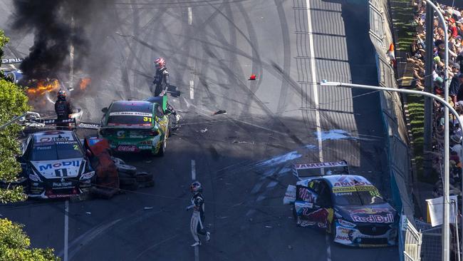 The aftermath of the massive pileup in last year’s Gold Coast race.