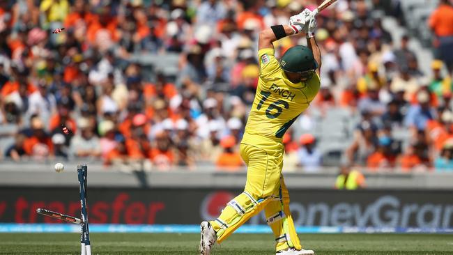 AUCKLAND, NEW ZEALAND - FEBRUARY 28: Aaron Finch of Australia is bowled by Tim Southee of New Zealand during the 2015 ICC Cricket World Cup match between Australia and New Zealand at Eden Park on February 28, 2015 in Auckland, New Zealand. (Photo by Mark Kolbe/Getty Images)