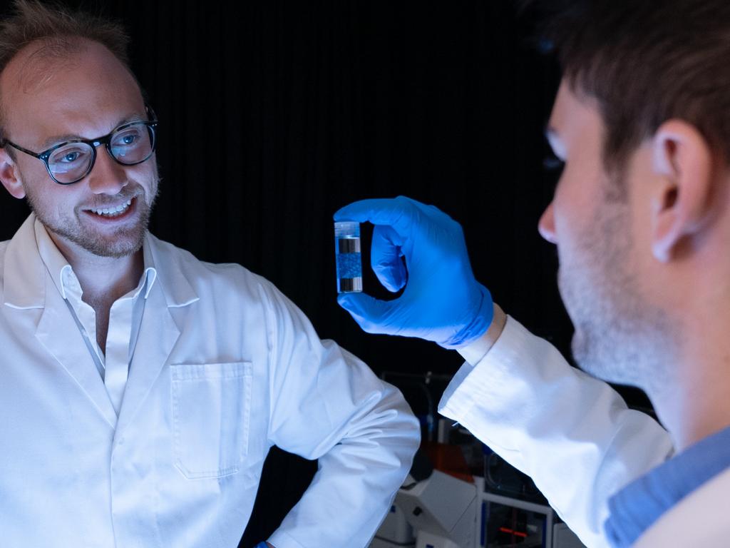 Researchers Michael Halwes (left) and Callum Vidler with some of the replicated complex structures created by their 3D printer. Picture: Supplied