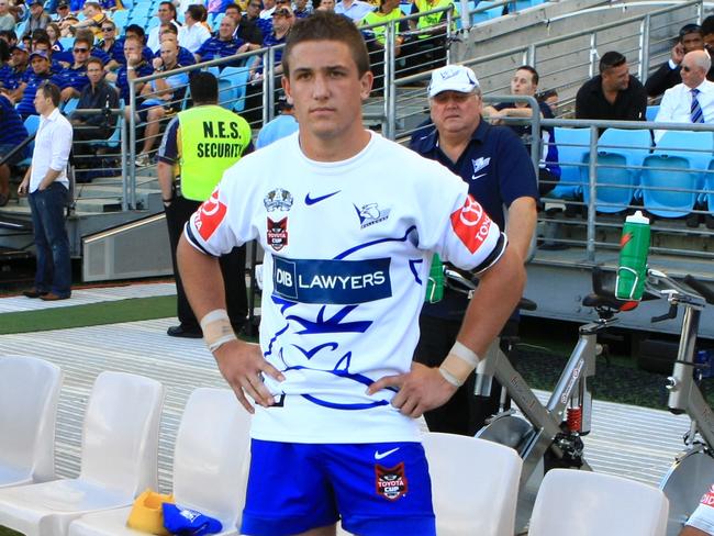 Rhys Jack waits to come off the bench against Parramatta in 2008.