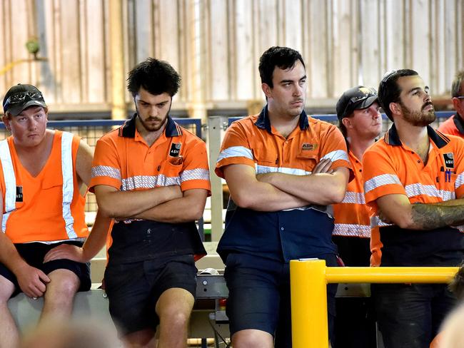 Employees gather at a mass meeting announcing the closure of the Heyfield timber mill. Picture: Andrew Batsch