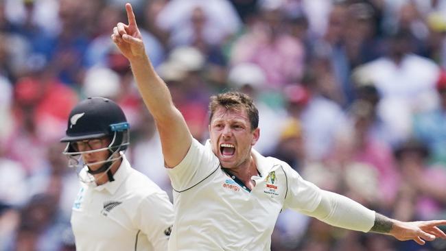 James Pattinson of Australia celebrates a wicket on day 3 of the Boxing Day Test match between Australia and New Zealand at the MCG in Melbourne, Saturday, December 28, 2019. (AAP Image/Michael Dodge)