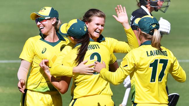 Jess Jonassen (C) clelebrates her fifth wicket. Picture: Getty