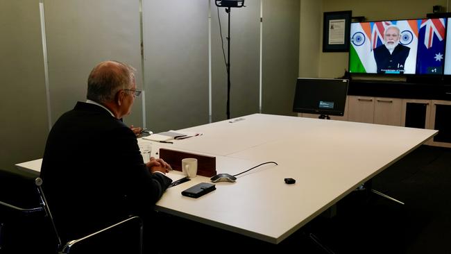 Prime Minister Scott Morrison holds a virtual meeting with Indian Prime Minister Narendra Modi as Australia announced $280 million worth of investment in India on March 21, 2022. Picture: Adam Taylor